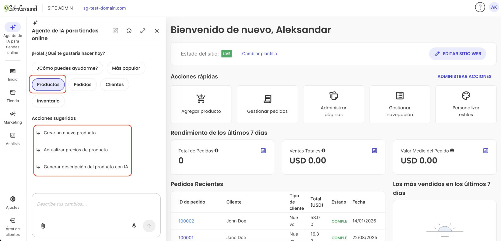 Panel del Agente de IA para tiendas online de SiteGround con el chip "Productos" seleccionado (resaltado), que despliega las Acciones sugeridas: Crear un nuevo producto, Actualizar precios de producto y Generar descripción del producto con IA. Detrás está el panel de Inicio.