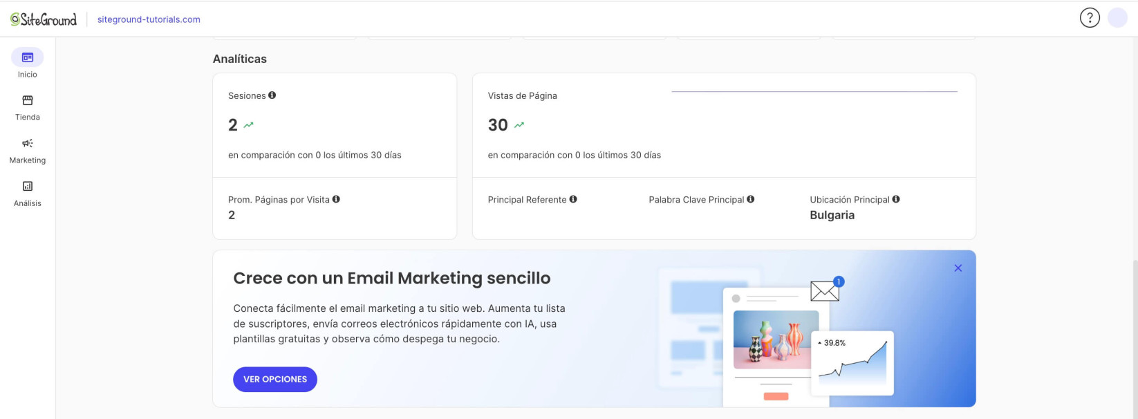 Sección de Analítica en la página de Inicio de un Site Admin de Website Builder que muestra estadísticas de tráfico y rendimiento