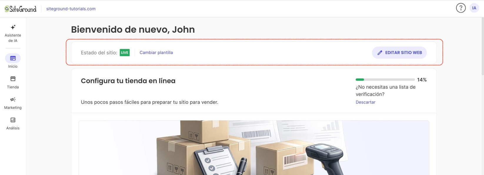 Barra de estado del sitio dentro de la página de Inicio de Ecommerce Site Admin