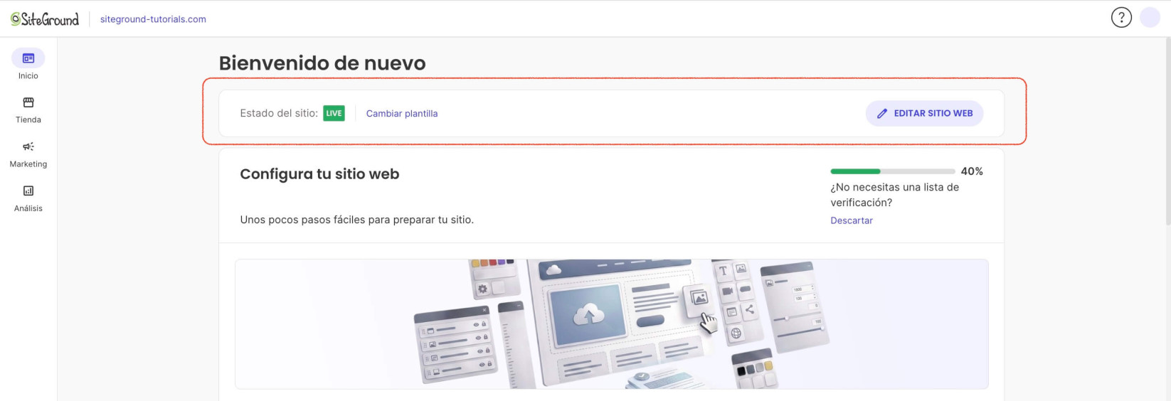 La barra superior de la página de Inicio dentro del Site Admin de Website Builder, que muestra el estado del sitio y las opciones para editar el sitio web y cambiar plantillas