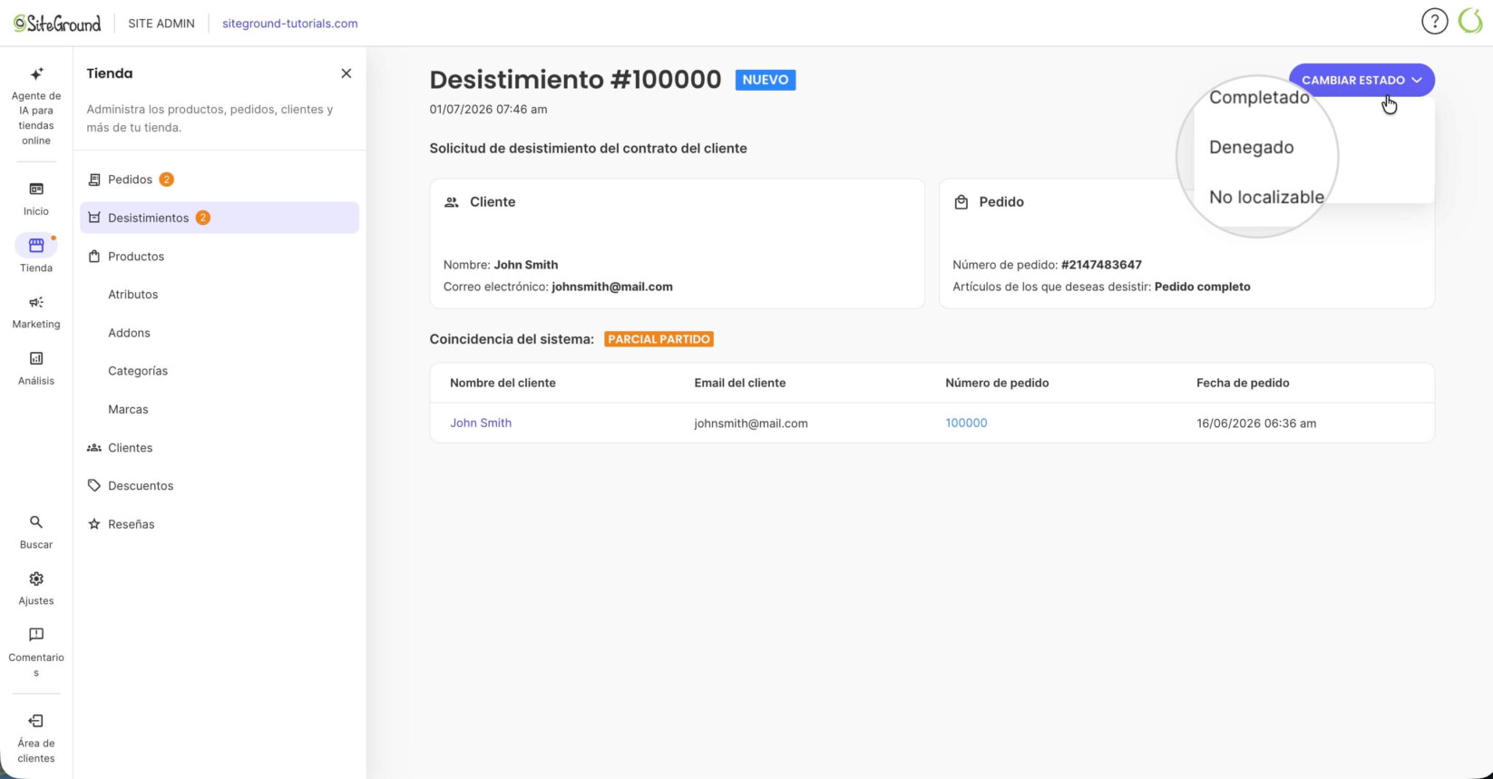 Desde la nueva página de resultados, puede ver los datos del cliente, consultar los detalles del pedido, verificar la coincidencia con el sistema y cambiar el estado de la solicitud