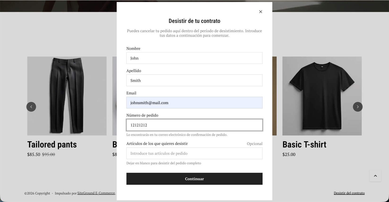 Un formulario de desistimiento