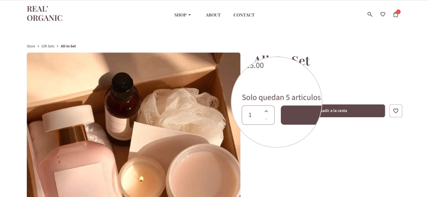 Página de producto en una tienda de Ecommerce que muestra el stock disponible del producto