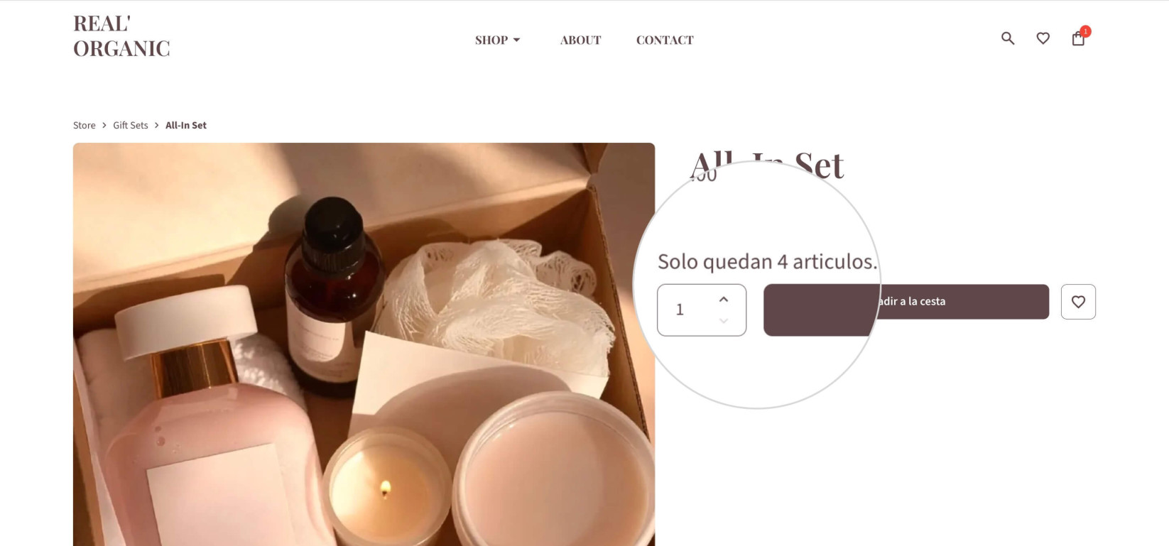 Página de un producto individual en una tienda de Ecommerce donde otro usuario ha reservado una unidad del producto y se deduce del stock disponible
