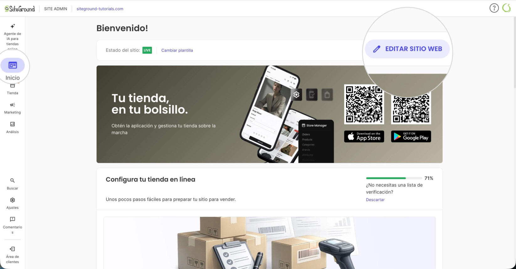 Botón Editar Sitio Web para acceder al editor visual de Website Builder.

