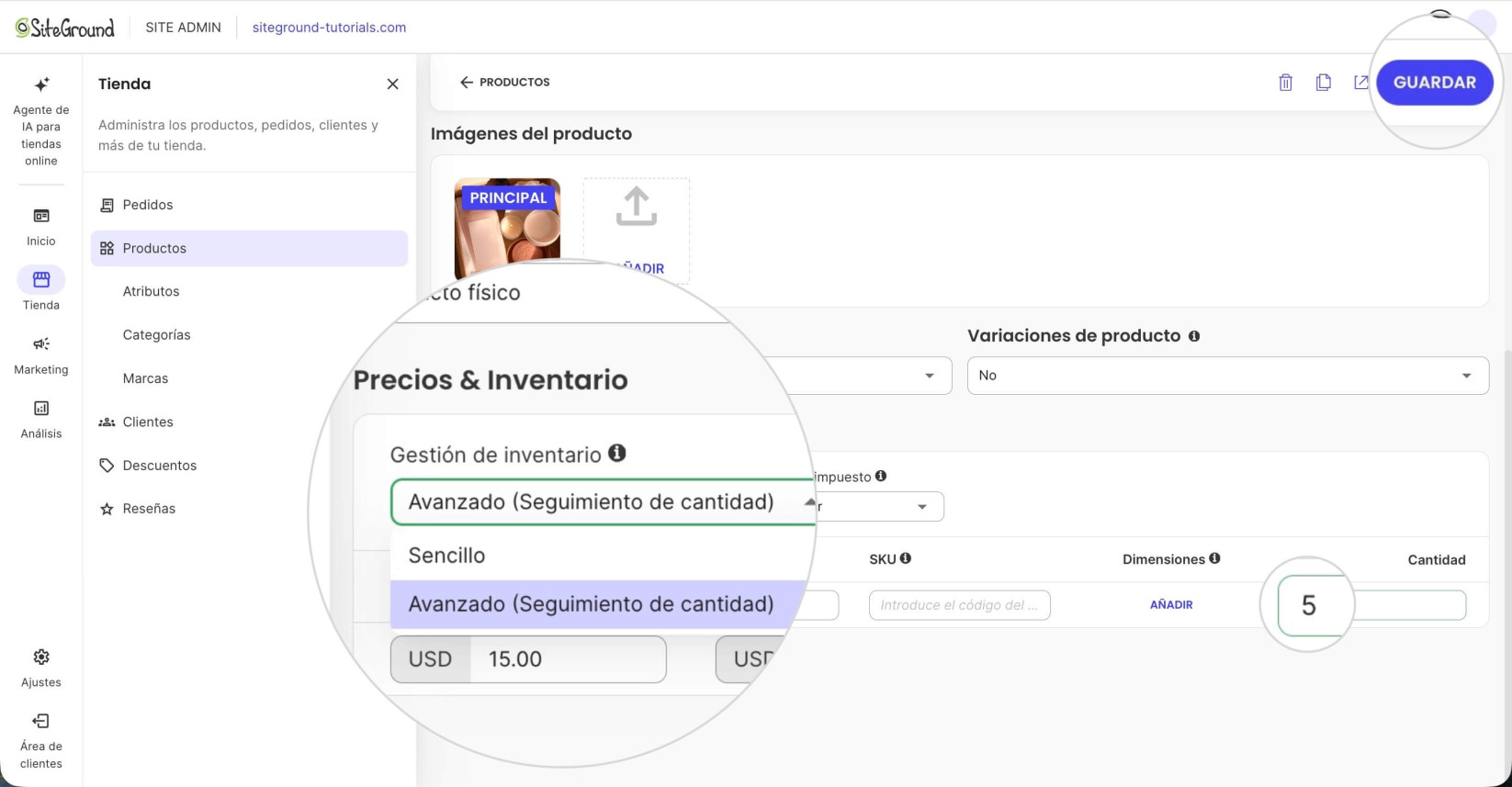 Editor de un producto individual en Ecommerce donde la Gestión de stock está configurada como Avanzada y la Cantidad establecida en 5 unidades