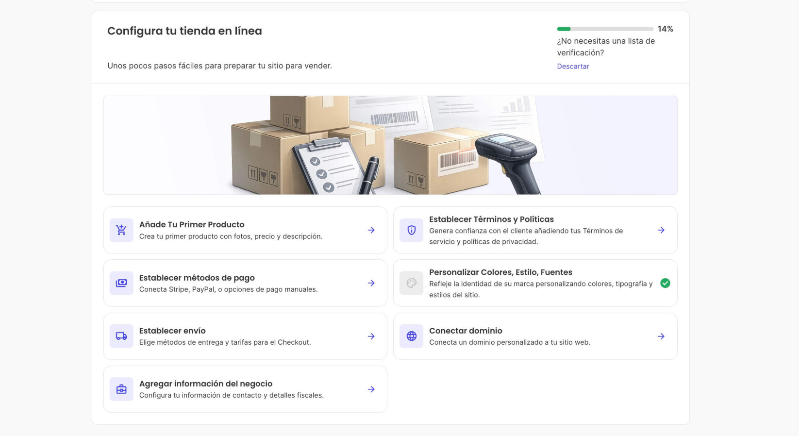 Lista de comprobación de acciones de configuración del sitio para un sitio web de Ecommerce recién creado