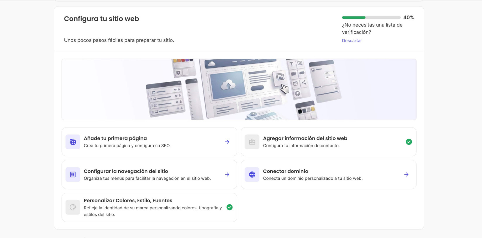 Una lista de verificación de los pasos iniciales para configurar un nuevo sitio de Website Builder