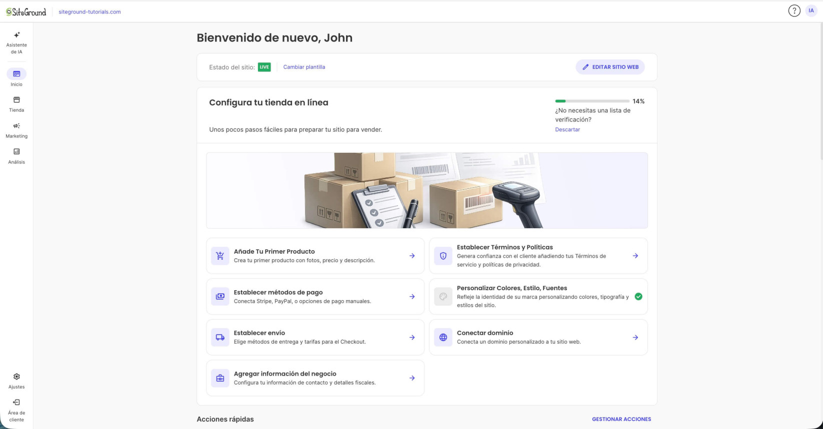 Página de inicio de un panel de Site Admin de un sitio web de Ecommerce