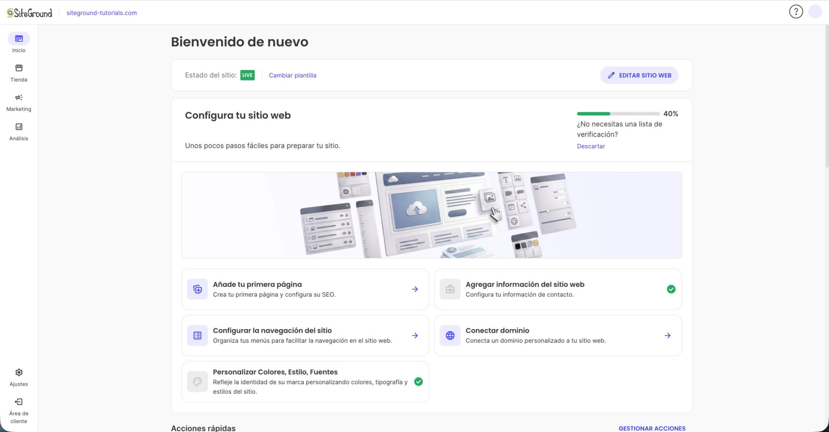 La página de Inicio dentro del Site Admin de un sitio web de Website Builder