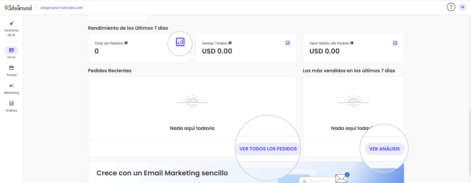 Sección de estadísticas de la tienda dentro de una página de Inicio de un Ecommerce Site Admin