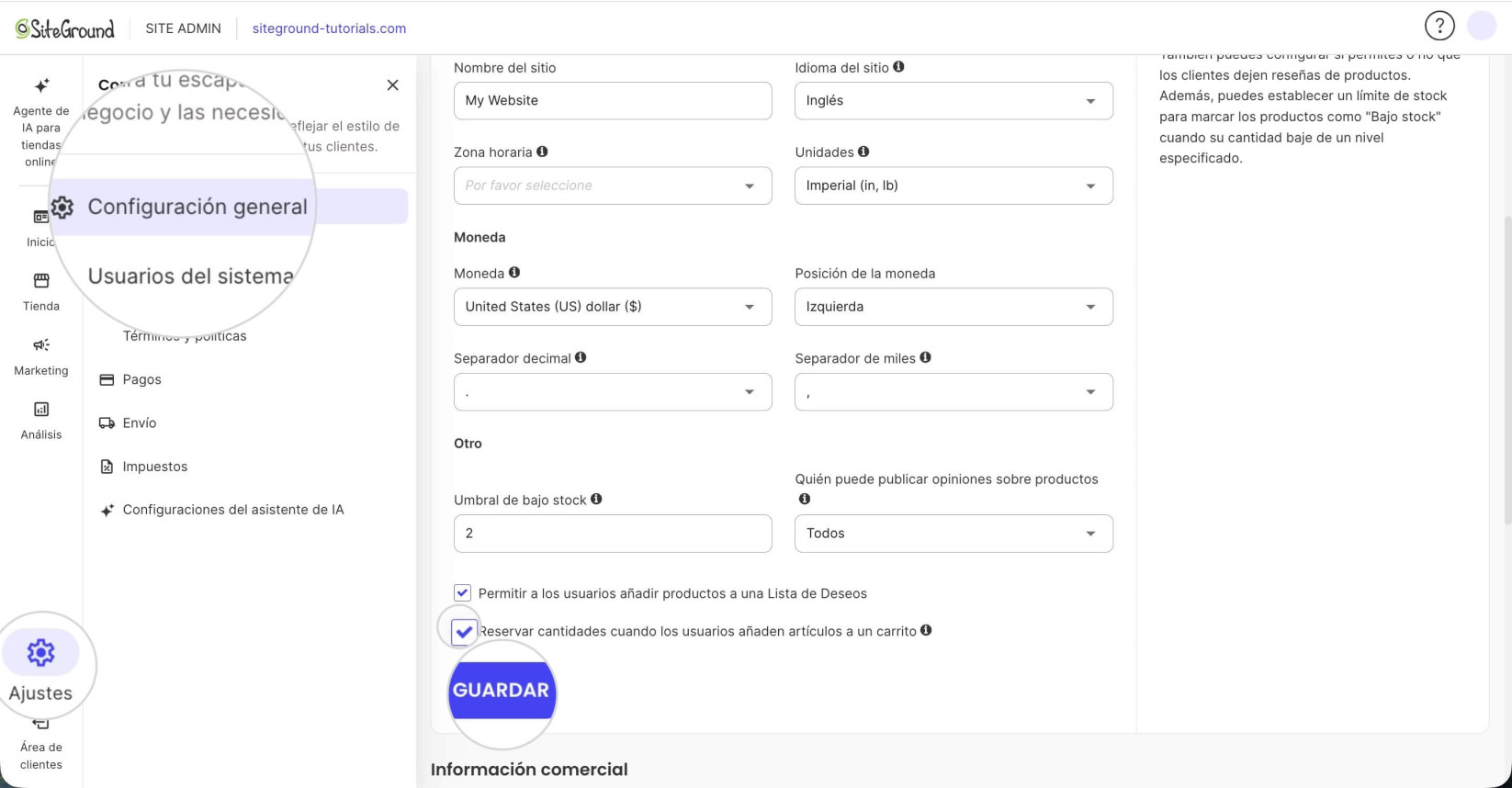 Panel de Site Admin de un sitio web de Ecommerce que muestra los Ajustes generales donde se selecciona la opción Reservar cantidades cuando los usuarios añaden artículos a un carrito