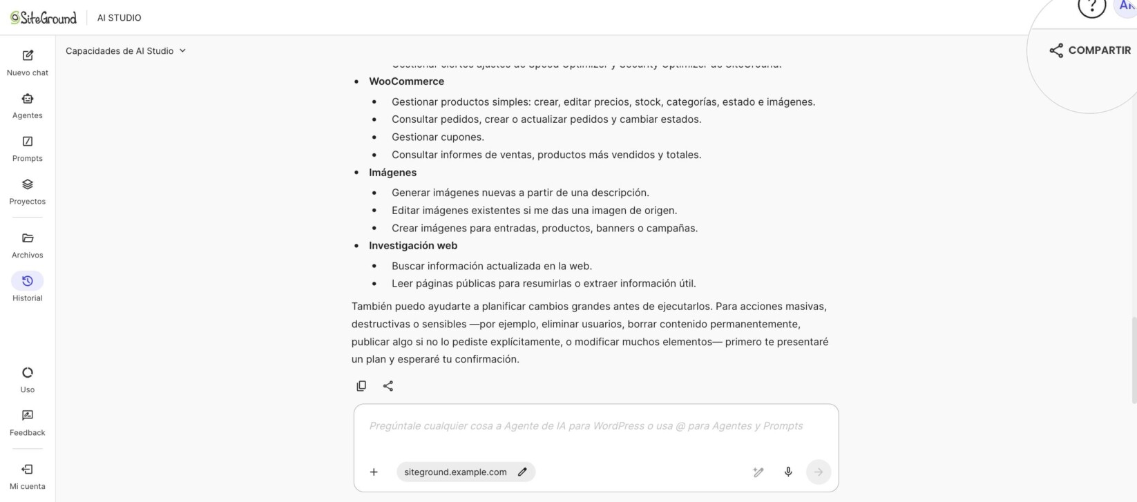 Botón Compartir en la esquina superior derecha de un chat de AI Studio