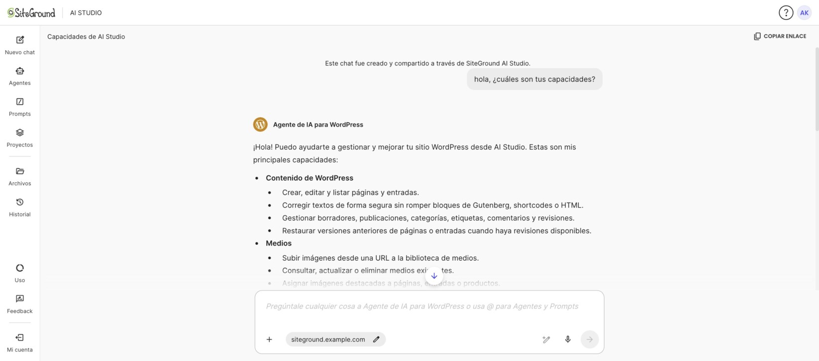 Chat compartido de SiteGround AI Studio abierto con la sesión iniciada y el Agente de IA para WordPress disponible.