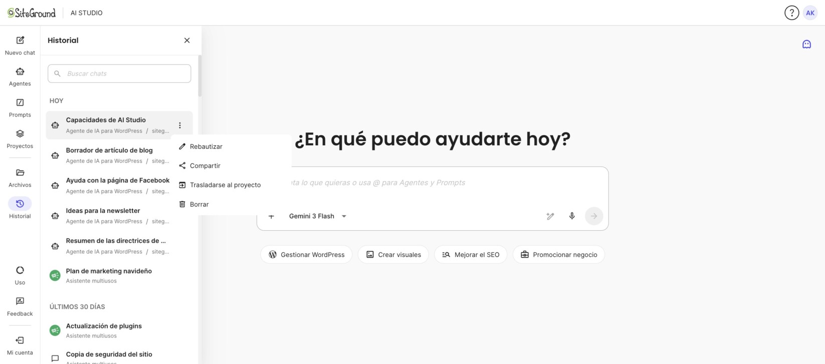 Opción Compartir en el menú de un chat del historial de AI Studio