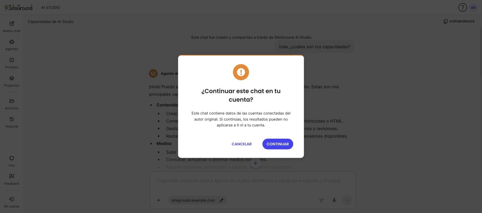Aviso de confirmación al continuar un chat compartido en SiteGround AI Studio.