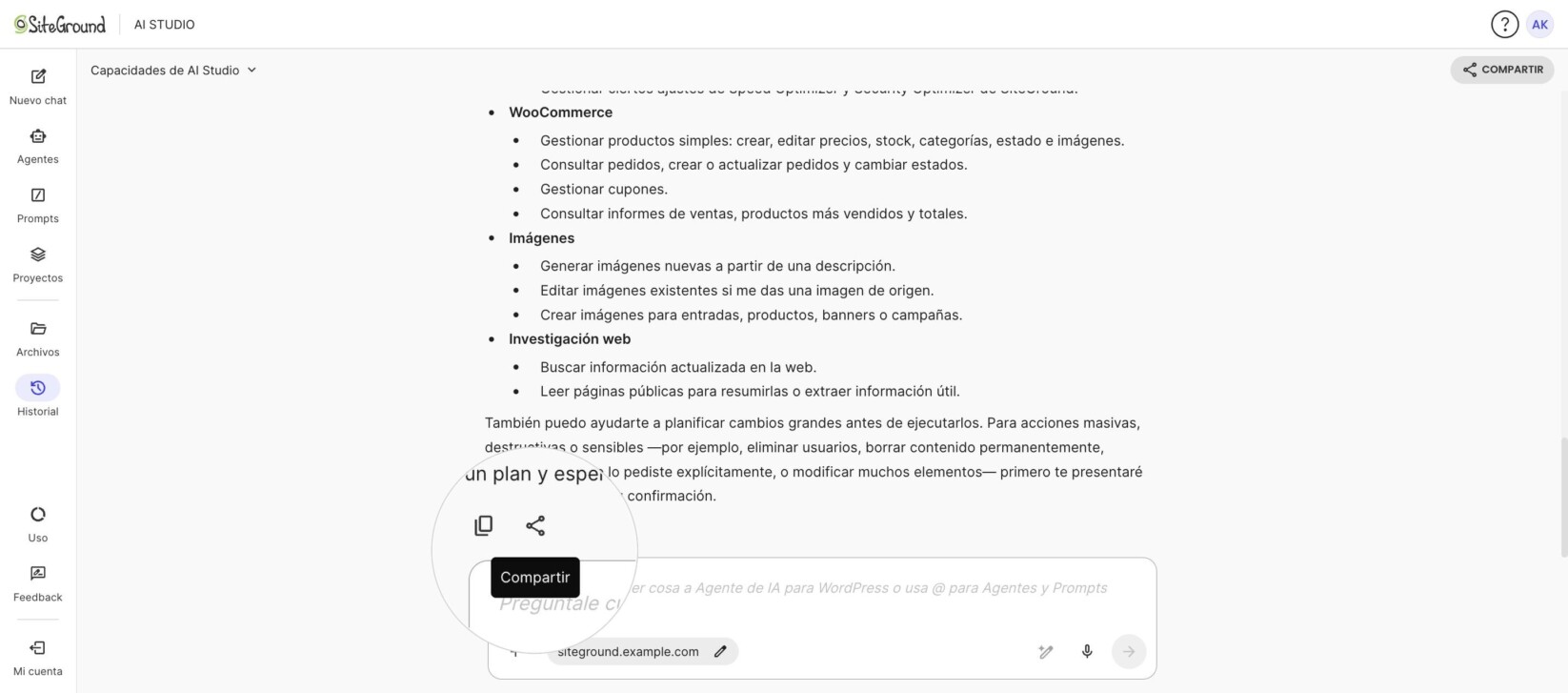 Icono Compartir debajo de una respuesta individual de AI Studio