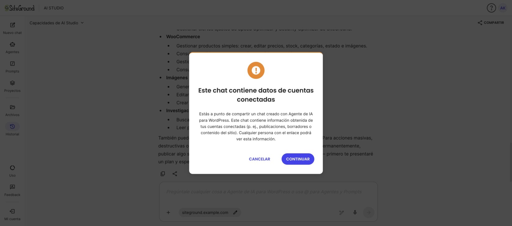 Aviso de AI Studio sobre datos de cuentas conectadas antes de compartir un chat