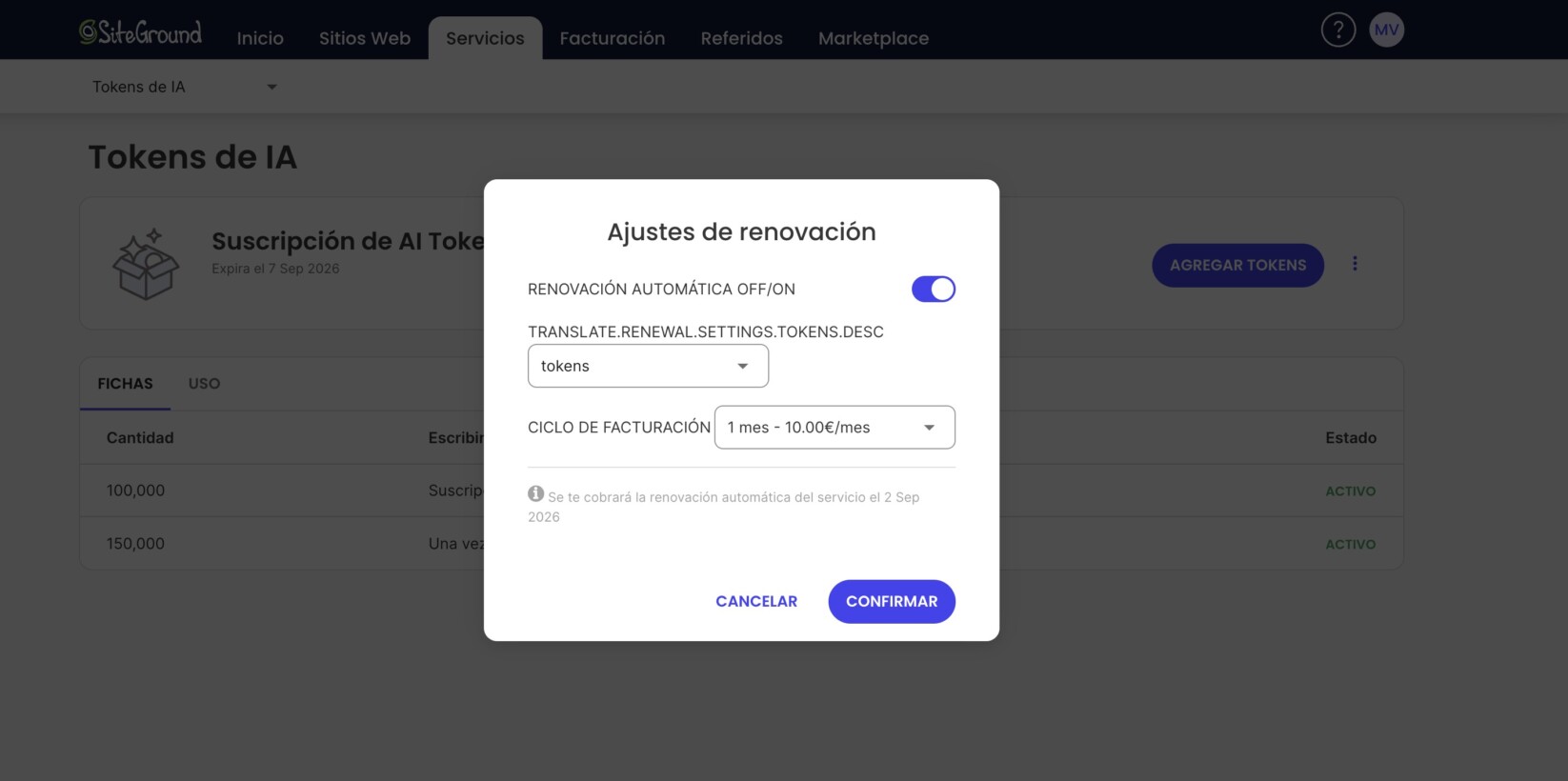 En la ventana emergente de configuración de renovación podrás cambiar el límite mensual de Tokens de IA y el ciclo de facturación de tu plan, o activar/desactivar la renovación automática.