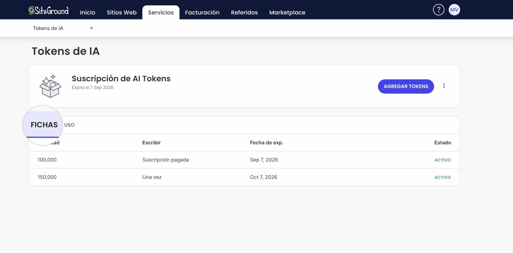 Tokens de IA fichas