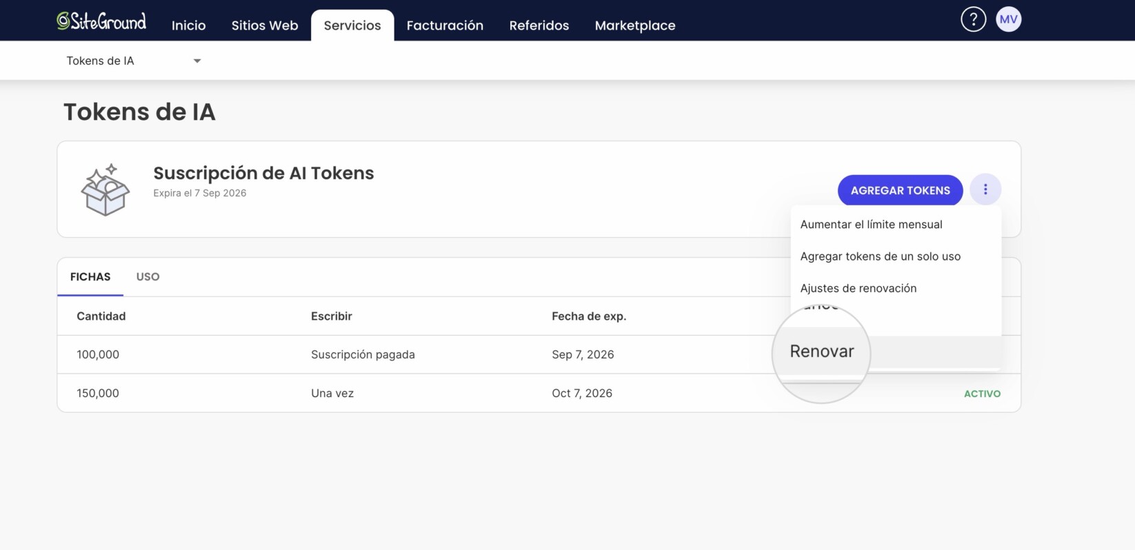 Tokens de IA renovar