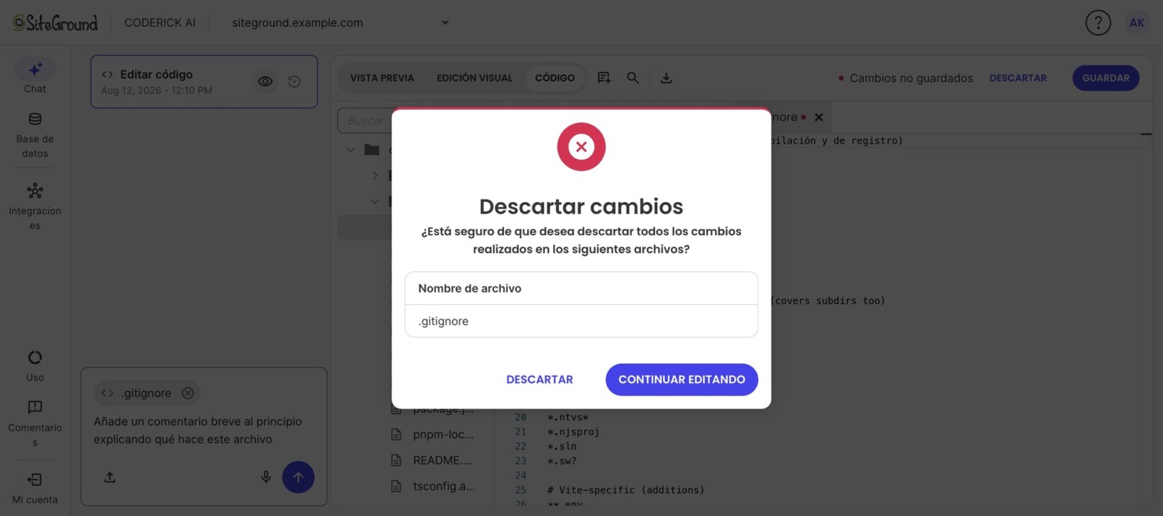 Coderick AI con un modal de confirmación «Descartar cambios» que pregunta si se desean descartar todos los cambios del archivo .gitignore, con los botones Descartar y Continuar editando.