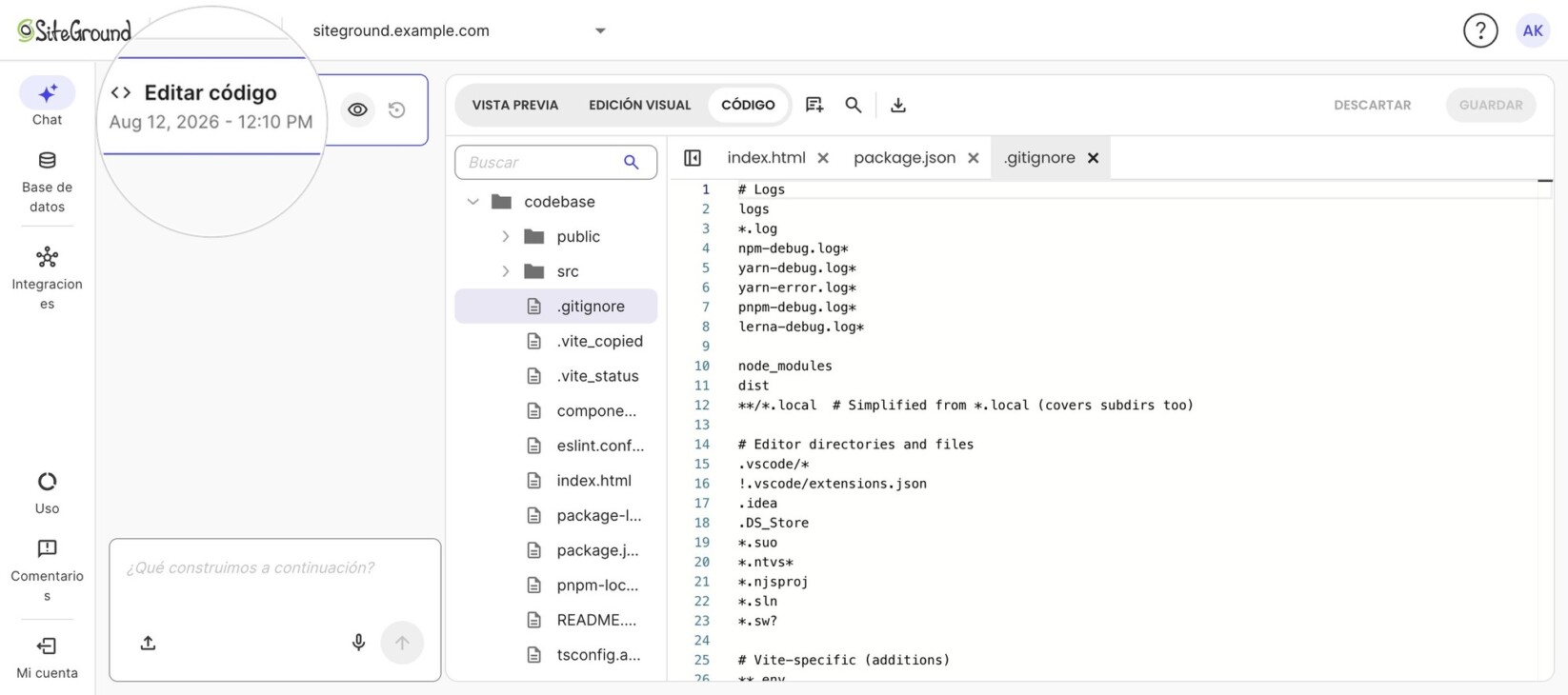 Coderick AI con el archivo .gitignore autogenerado abierto y la entrada del historial de chat destacada «Editar código – Aug 12, 2026 - 12:10 PM».
