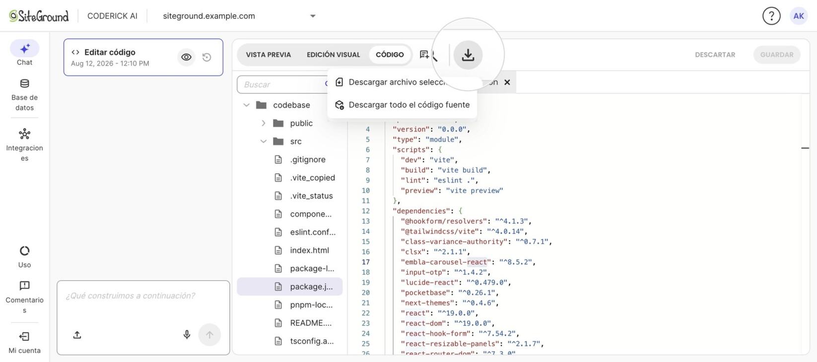 Coderick AI con el menú de descarga abierto (destacado), que ofrece «Descargar archivo seleccionado» y «Descargar todo el código fuente».