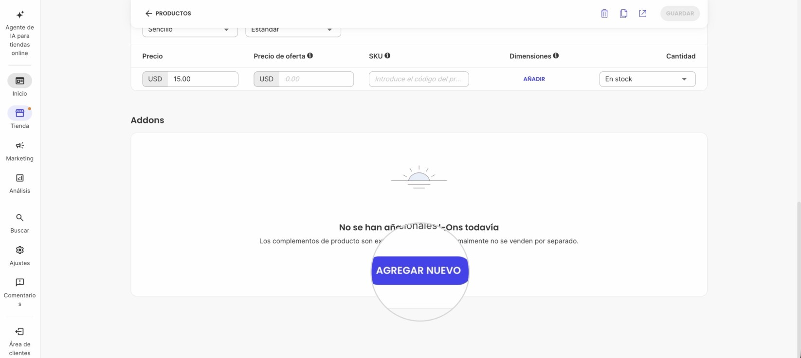 Desplázate hacia abajo hasta el área de add-ons y presiona AÑADIR NUEVO
