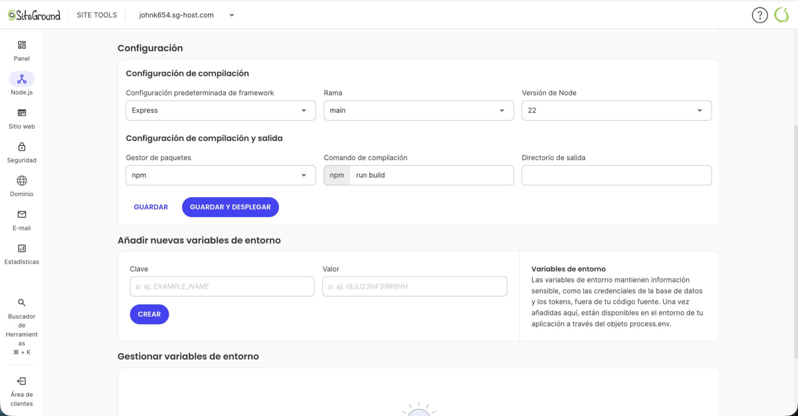Sección de ajustes de la página Opciones de despliegue en Site Tools para Node.js