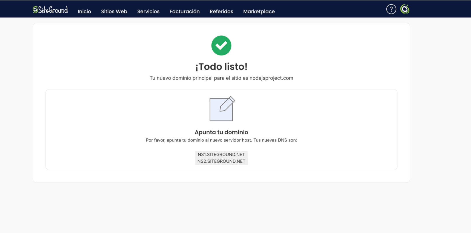 Pantalla de mensaje de éxito para cambiar el dominio de un proyecto Node.js mostrando los servidores de nombres del sitio web