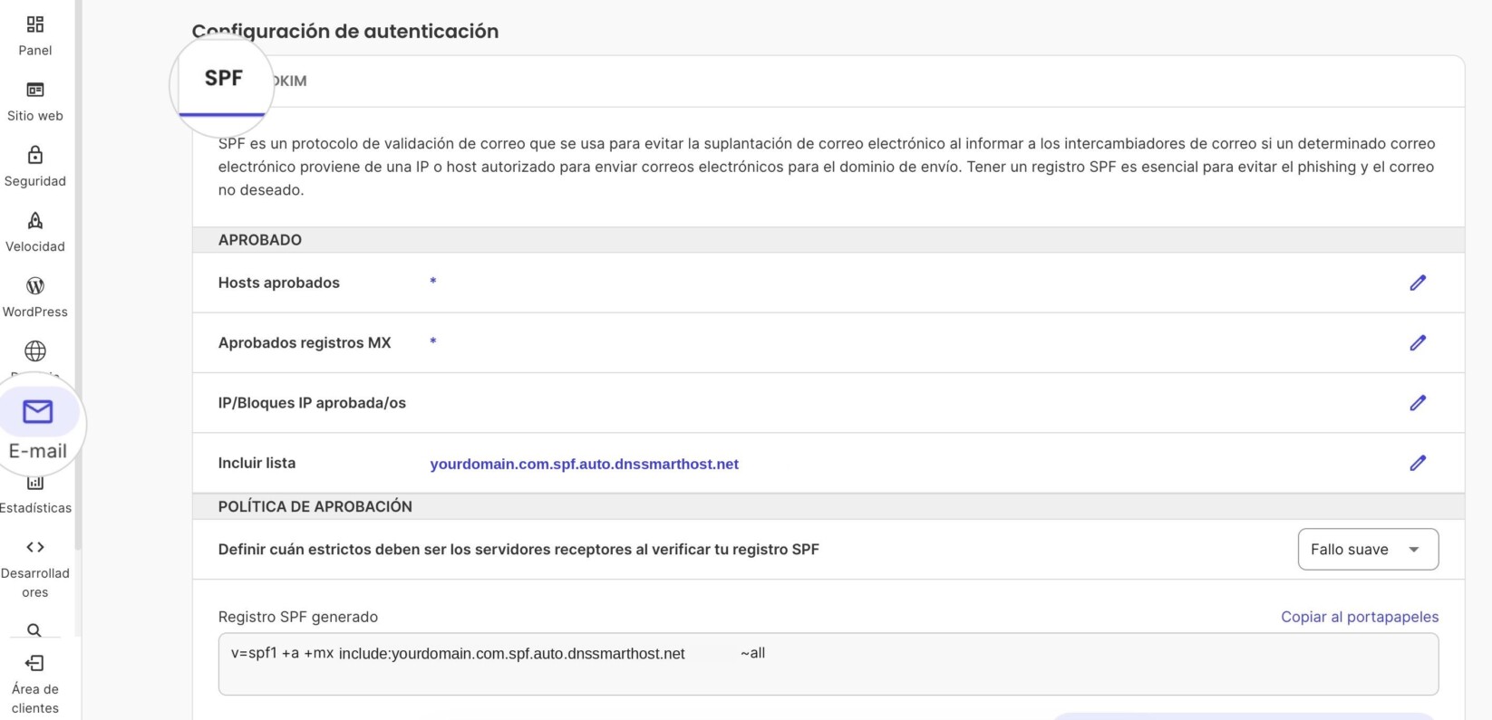 Screenshot of SiteGround's E-mail authentication settings with the SPF tab selected, showing approved hosts, approved MX records, and the generated SPF record for yourdomain.com.