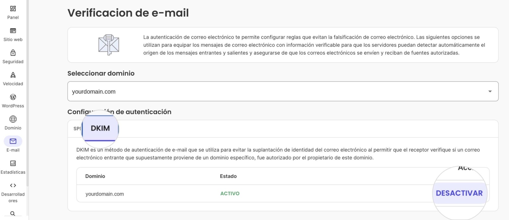 Screenshot of SiteGround's E-mail verification page with the DKIM tab open, showing yourdomain.com listed with an "Active" status and a "Deactivate" button.