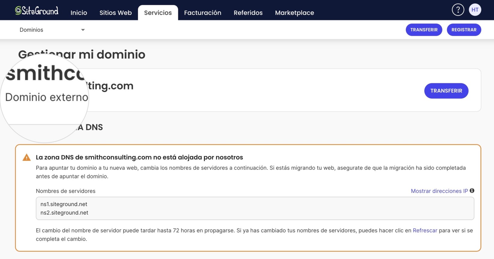 SiteGround "Manage my domain" page showing an external domain with a warning that its DNS zone isn't hosted by SiteGround, along with the required nameservers (ns1.siteground.net, ns2.siteground.net).