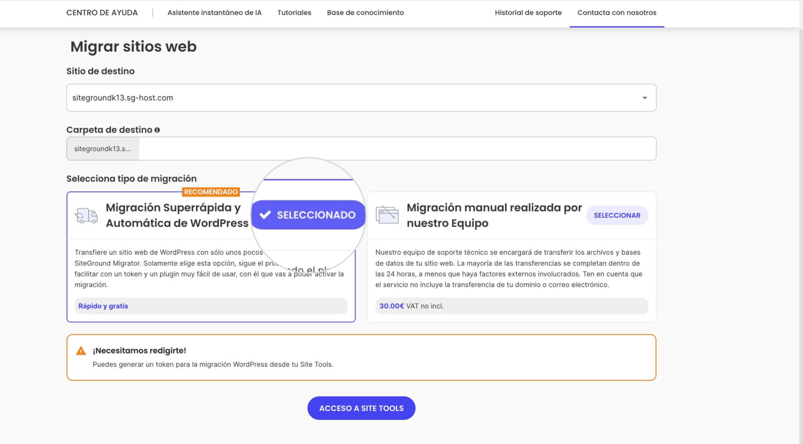 Asistente de configuración del sitio web que muestra opciones para transferir un sitio existente con el WordPress Migrator seleccionado