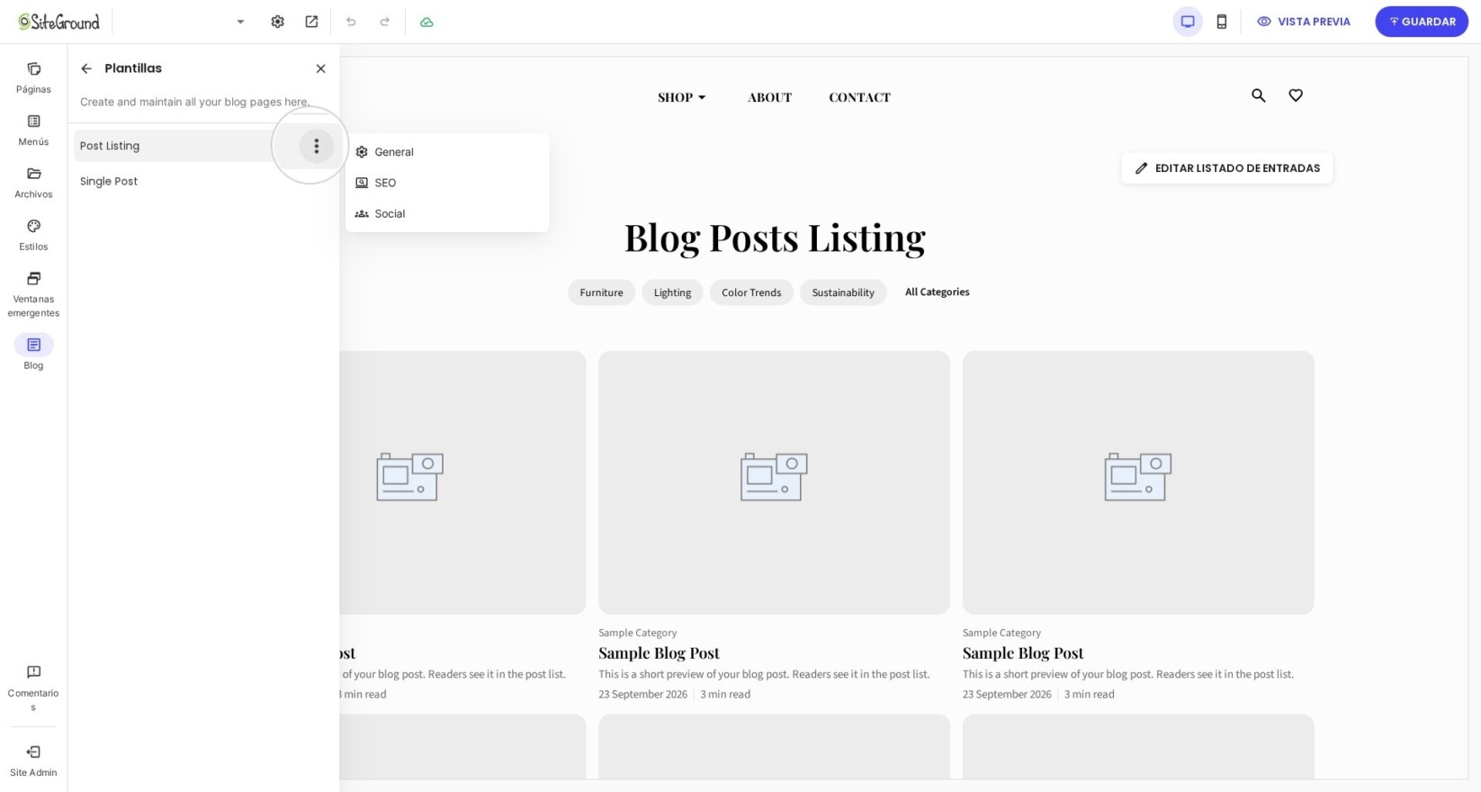 configurar otros ajustes generales, de SEO y de redes sociales