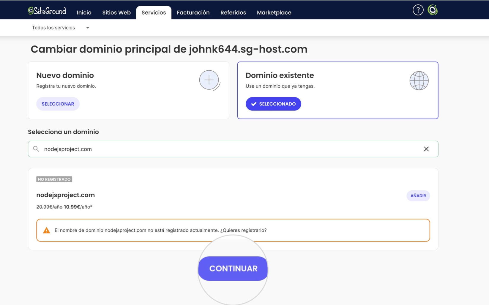 Página de resumen del asistente de configuración para cambiar el dominio del proyecto Node.js con el botón Continuar resaltado para iniciar el proceso