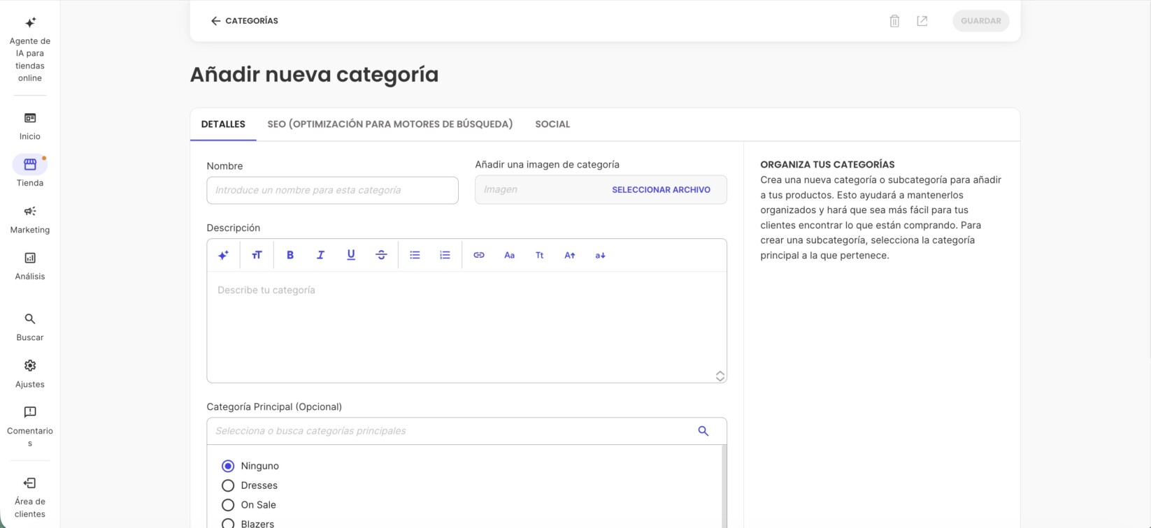 Se abre la página correspondiente y puedes comenzar a añadir los detalles inmediatamente
