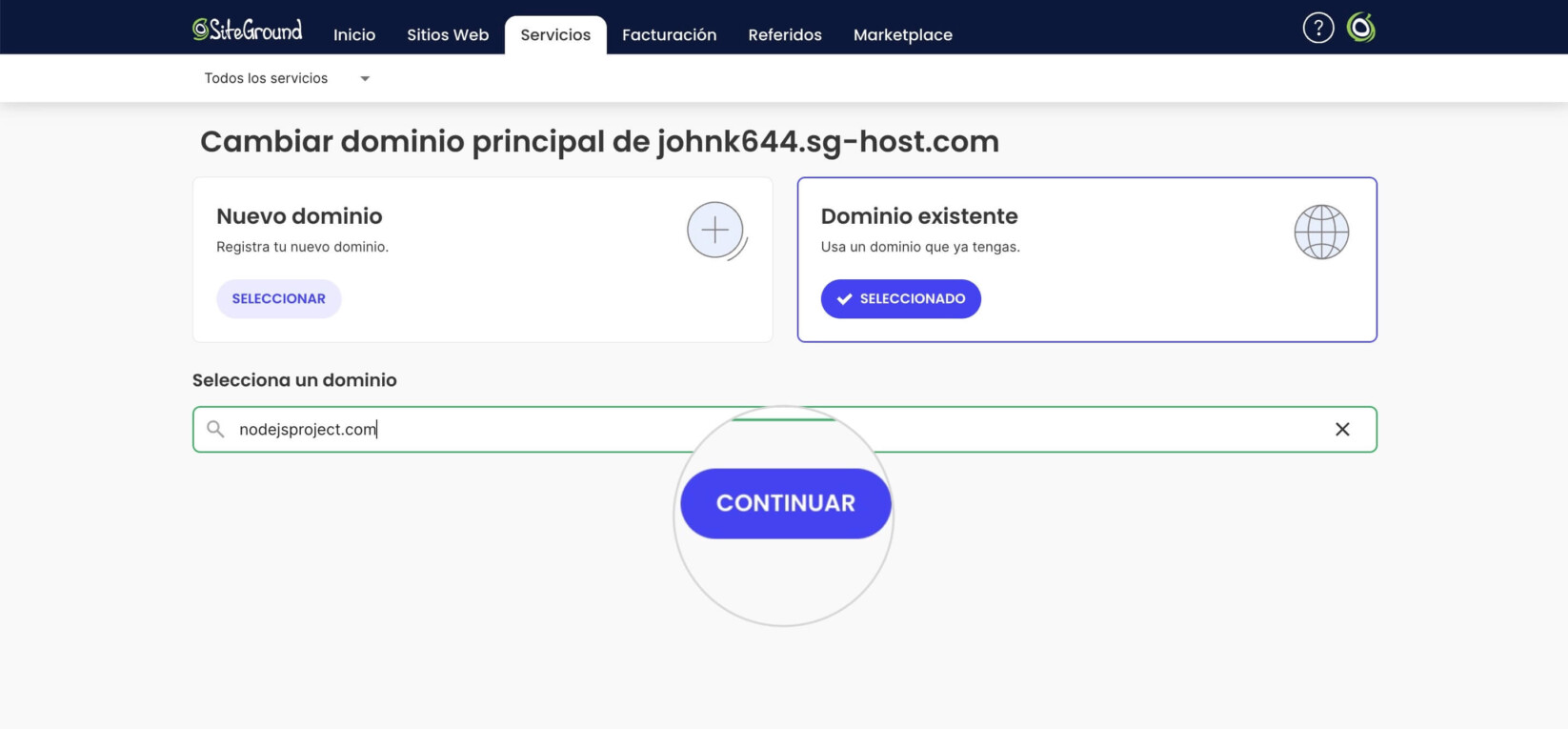 Asistente de configuración para cambiar el dominio de un proyecto Node.js. Las opciones mostradas son para elegir un dominio nuevo o existente y un campo de texto para escribir el nombre del dominio