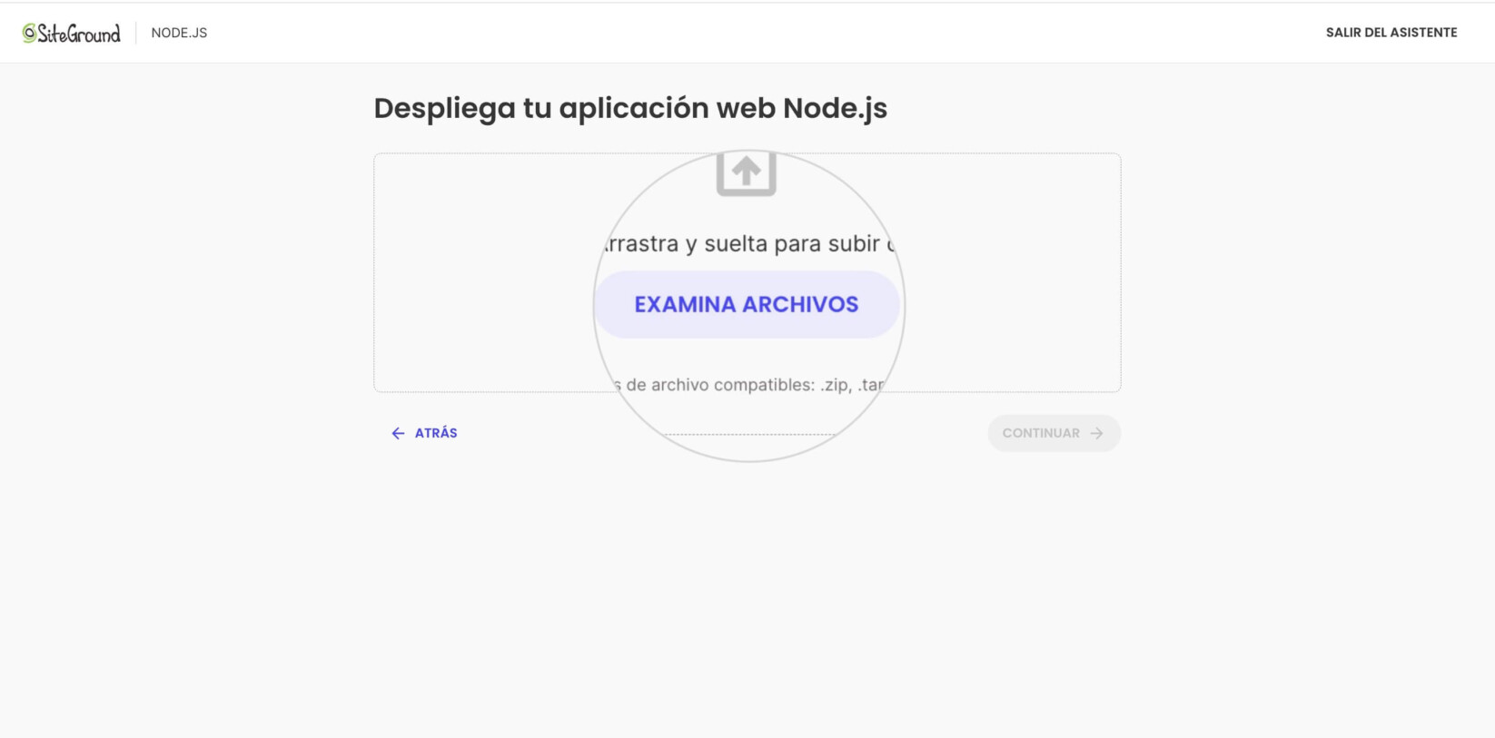 Botón Examinar Archivos que aparece después de seleccionar Subir tus archivos para un nuevo proyecto de Node.js