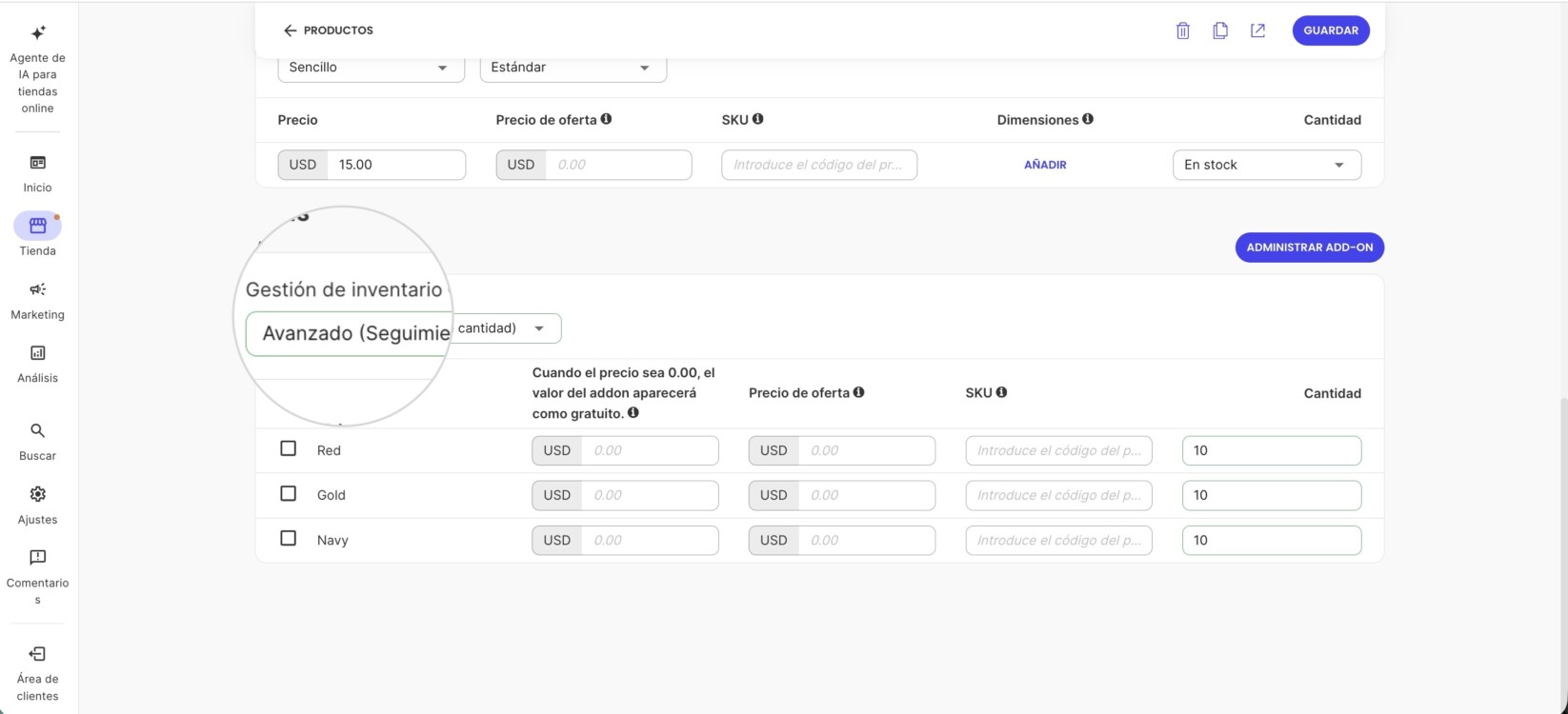 puedes aplicar configuraciones adicionales de gestión de stock de los add-ons para cada artículo