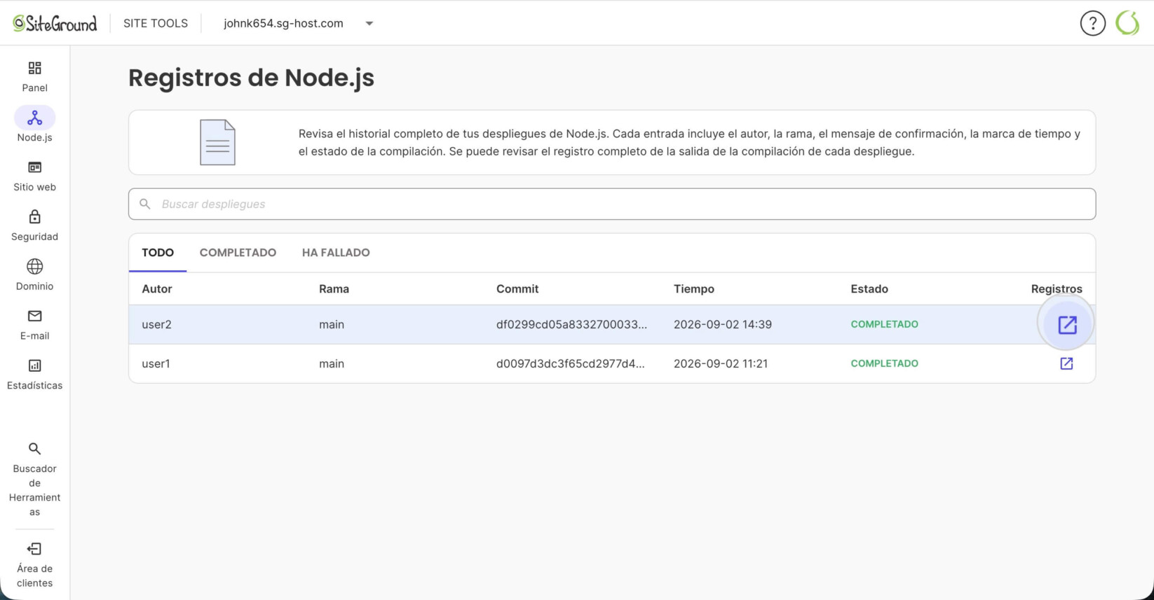 Página de Logs de la sección Node.js en Site Tools para Node.js con un icono de logs resaltado que abre los logs detallados