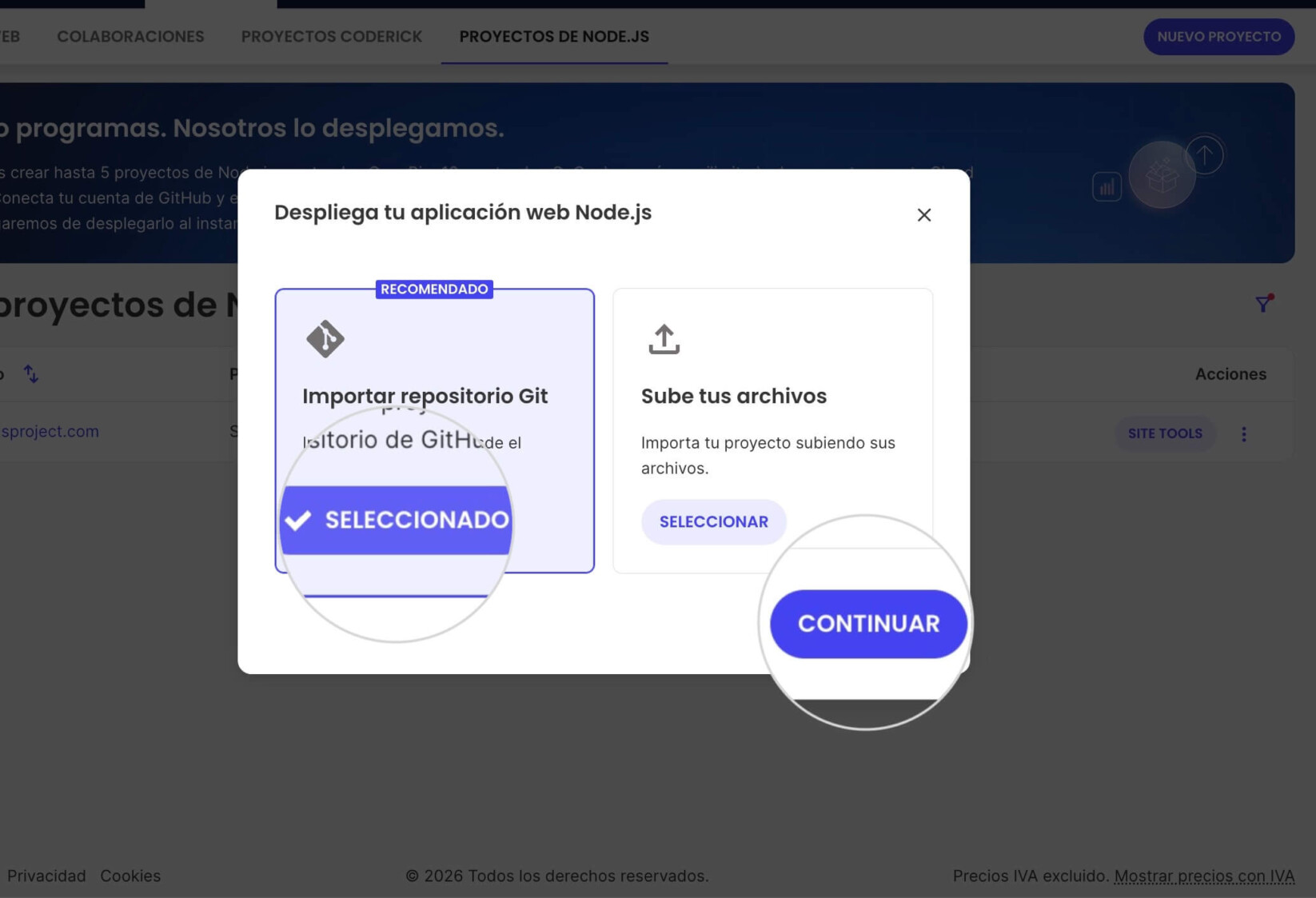 Primera página del asistente de configuración para un nuevo proyecto de Node.js presentando las dos opciones: Importar repositorio de GitHub y Subir tus archivos