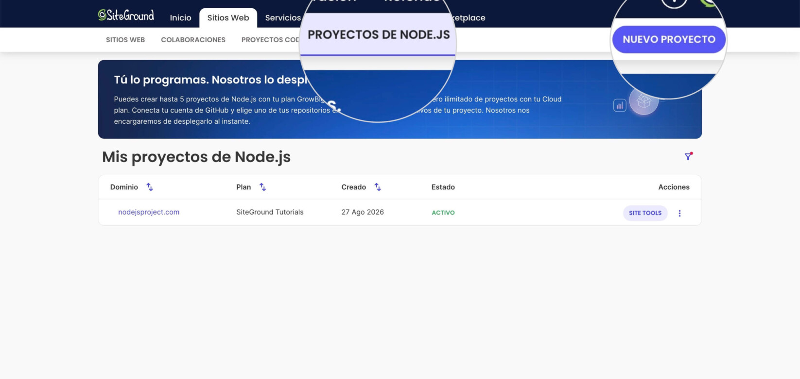 Página de Proyectos Node.js en el Área de Cliente de SiteGround con el botón Nuevo Proyecto resaltado