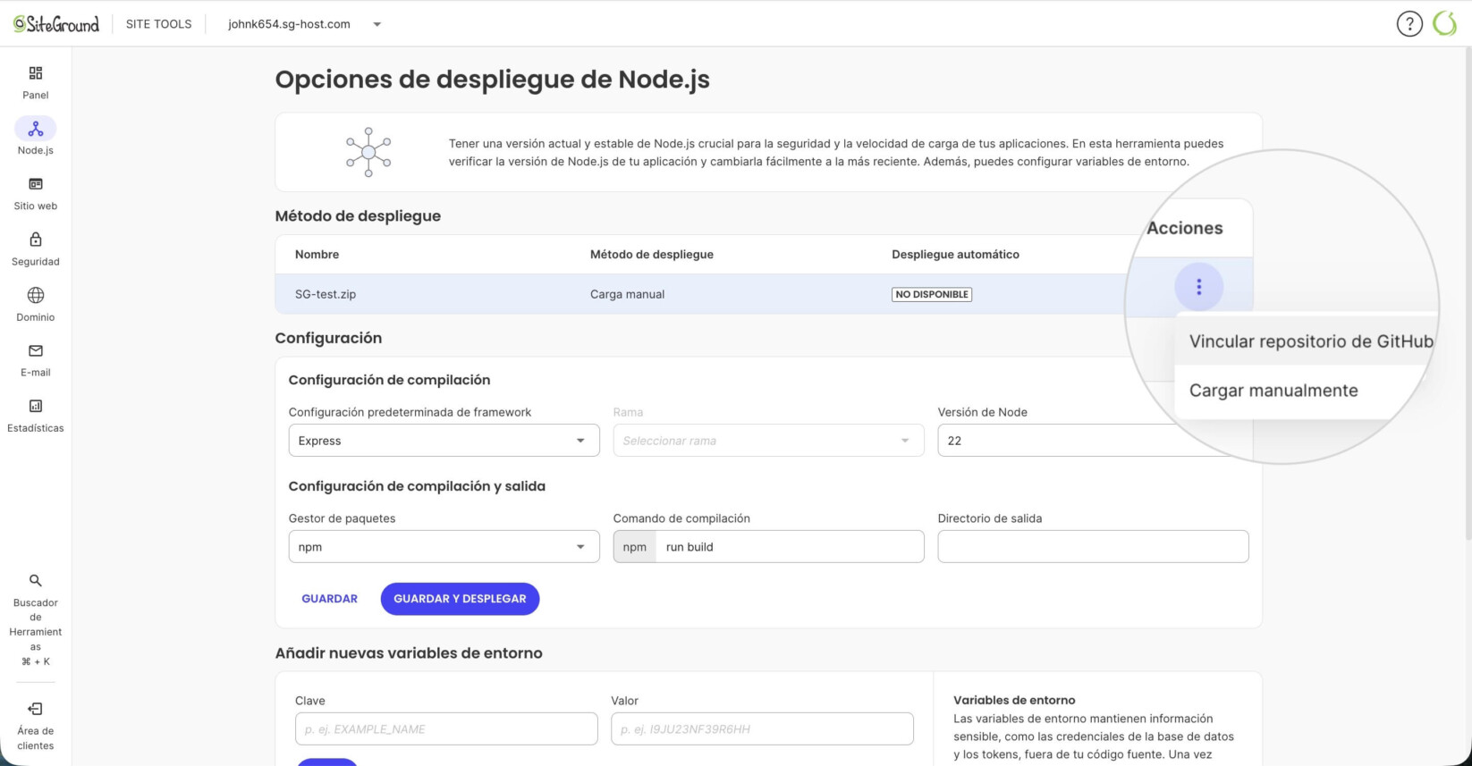 Opciones de despliegue en Site Tools para Node.js que muestran las opciones del método de despliegue para una aplicación subida manualmente