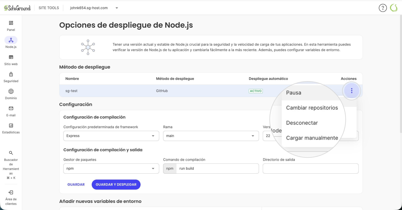 Opciones de despliegue en Site Tools para Node.js que muestran las opciones del método de despliegue para una aplicación importada desde un repositorio de GitHub