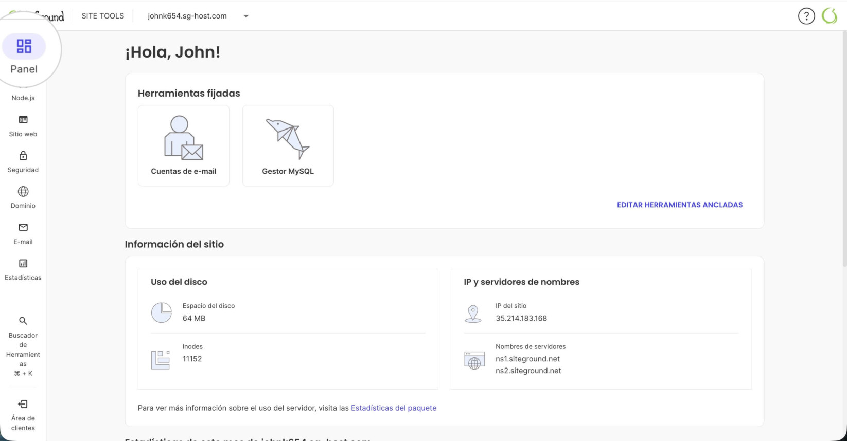 Página Dashboard de Site Tools de un proyecto Node.js