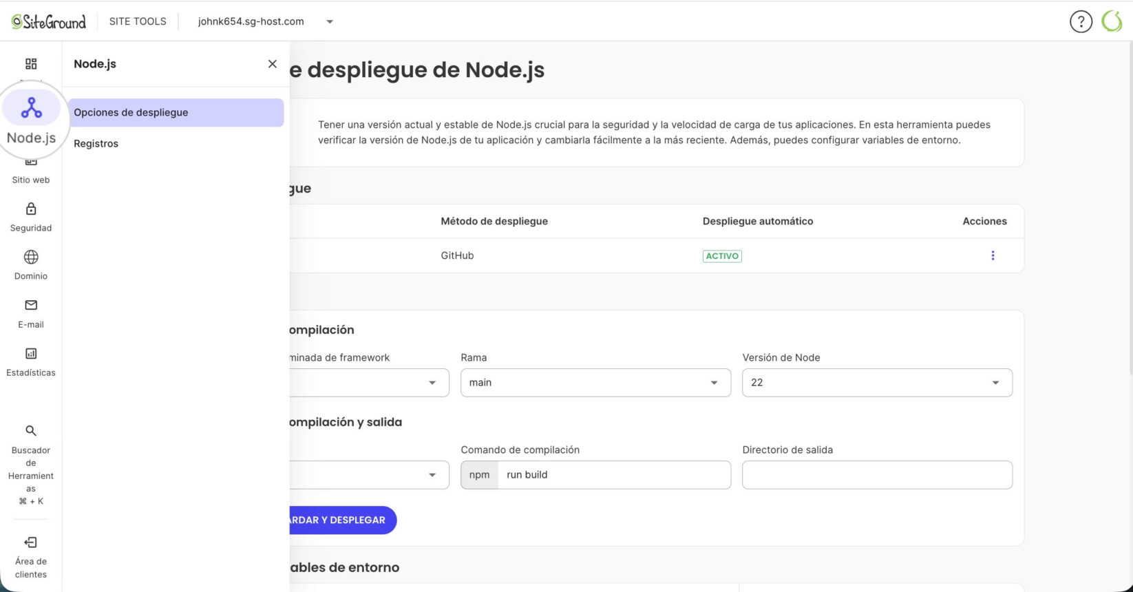 Sección Node.js en Site Tools de un proyecto Node.js
