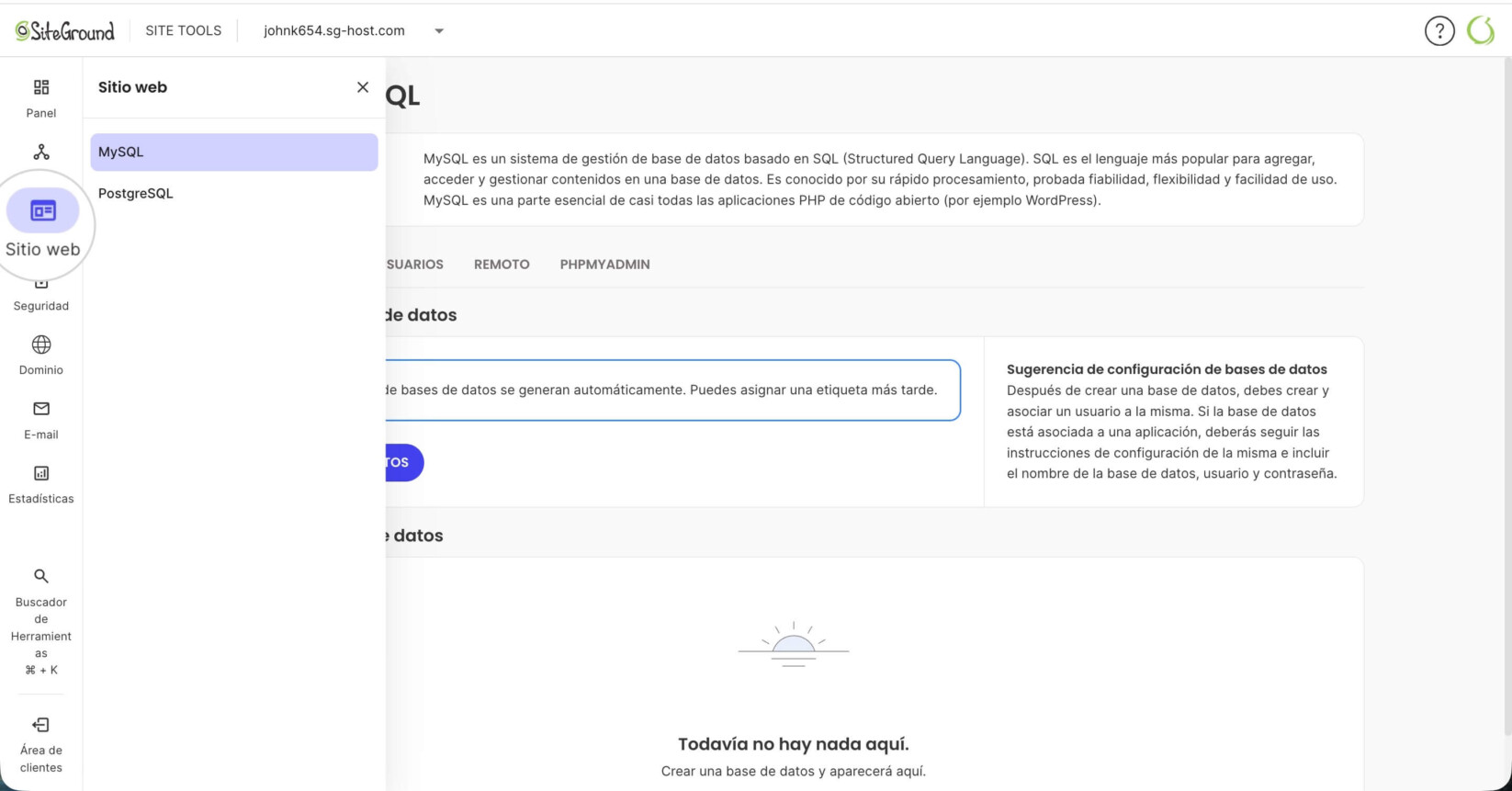 Sección Sitio del Site Tools de un proyecto Node.js donde puedes gestionar bases de datos