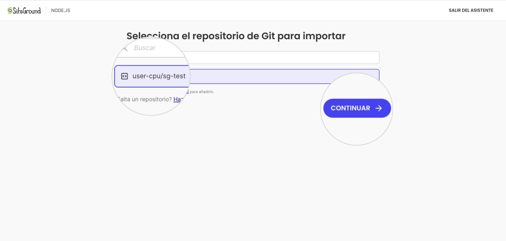 Una página del asistente de configuración para un nuevo proyecto de Node.js que muestra los repositorios detectados en una cuenta de GitHub